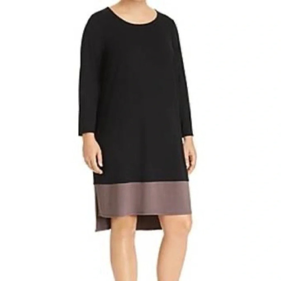 Eileen Fisher Dress Womens Small Black Taupe Long Sleeve Stretch Comfy Mod Mini - Picture 1 of 8